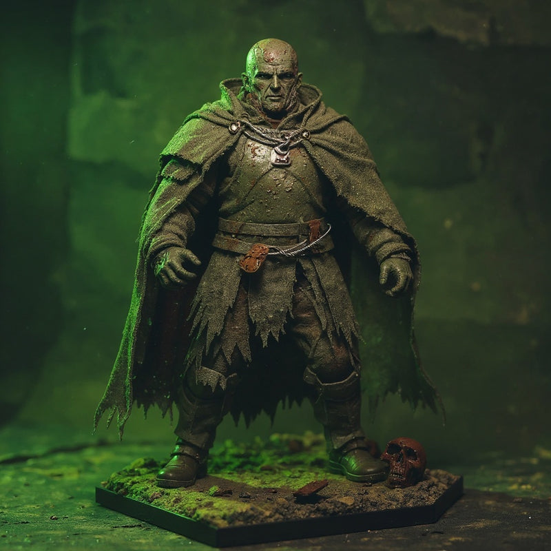 A weathered grey-green fabric cape draped over a 1/18 scale armored action figure shoulder, set in a battle-damaged diorama with rusted metal debris, skull fragments, and green fog lighting.