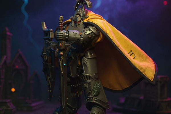 Matte yellow cape with black trim draped over dark grey Terminator armor figure in gothic ruins battlefield diorama with LED lights and bold blue-violet gradient background