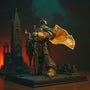 Handmade matte yellow cloth cape with black trim on dark grey Terminator figure in gothic ruins diorama under grimdark LED lighting.