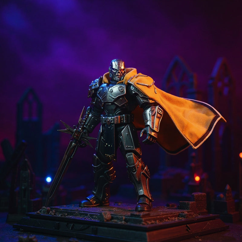 Posable cloth cape on Terminator figure in battlefield diorama.