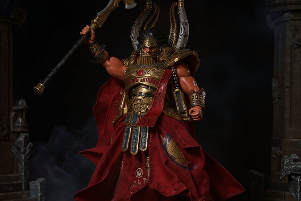 Posable crimson cape with wire-edged flowing fabric on armored action figure torso in dark battlefield diorama under red and black lighting