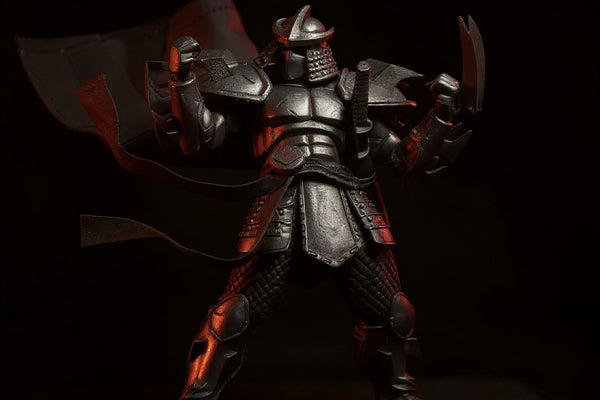 Black fabric action figure cape with wire posing on dark ninja diorama with throwing stars and katana