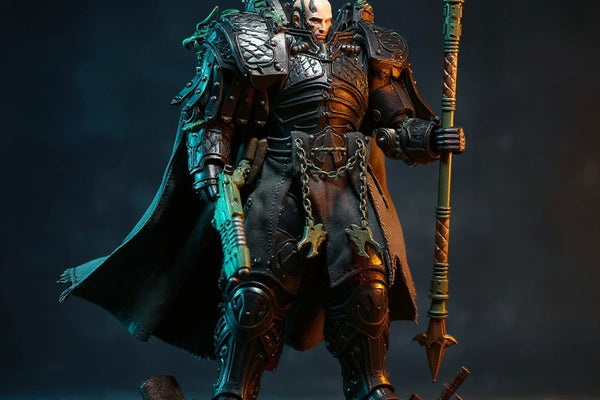 Dark grey-green weathered cape with wire-posed draping on a 1/18 scale armored figure, against a teal-to-orange gradient backdrop, dramatic lighting.