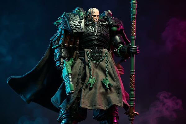 Dark grey-green weathered cape on 1/18 scale armored figure with teal and magenta LED accent lighting in grimdark diorama