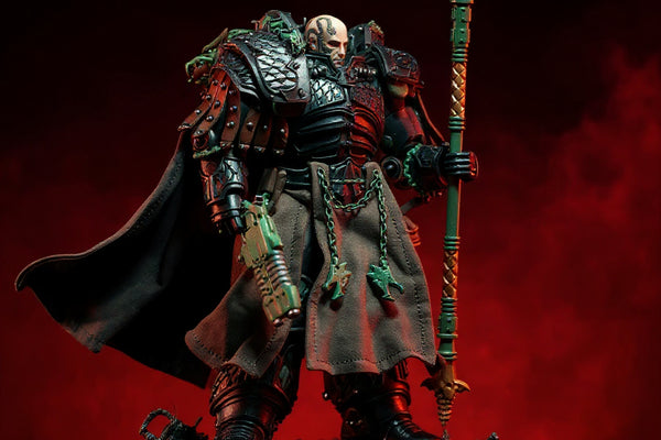 Dark weathered wired cape on 1/18 armored figure with smoke and LED lighting on bold gradient background.
