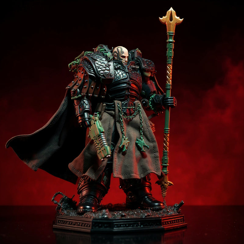Dark weathered wired cape on 1/18 armored figure with smoke and LED lighting on bold gradient background.