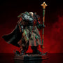 Dark weathered wired cape on 1/18 armored figure with smoke and LED lighting on bold gradient background.