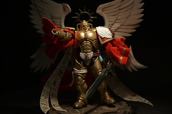 Golden and crimson fabric cape with wire frame on miniature battlefield diorama base under dramatic spotlight