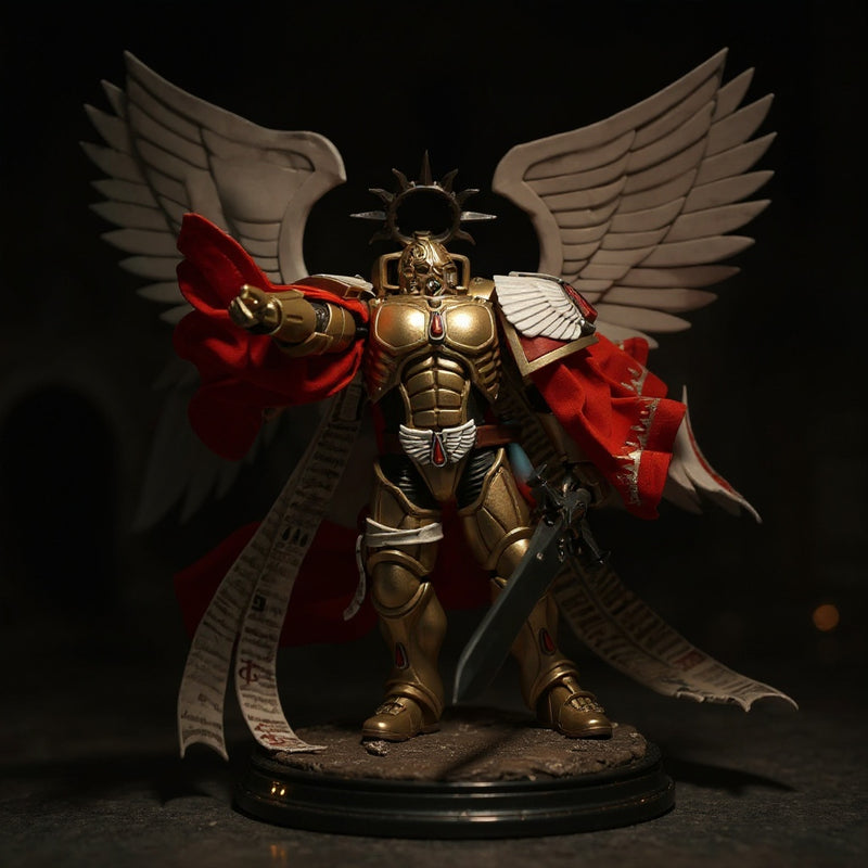 Golden and crimson fabric cape with wire frame displayed on a ruined cathedral diorama base with dramatic lighting.