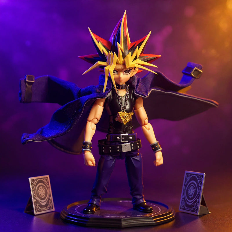 Dark purple wired fabric cloak with visible stitching draped on a small anime action figure, surrounded by miniature dueling cards and a millennium puzzle, against a bold purple and gold gradient background.