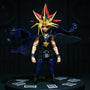 Yami Yugi action figure with wired fabric cloak posed heroically on a dark diorama with scattered dueling cards.