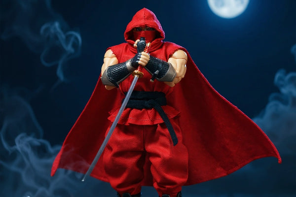 Vivid red wired cape on ninja figure in moonlit dojo with smoke and weapons, dramatic lighting.