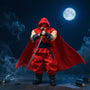 Vivid red wired cape on ninja figure in moonlit dojo with smoke and weapons, dramatic lighting.