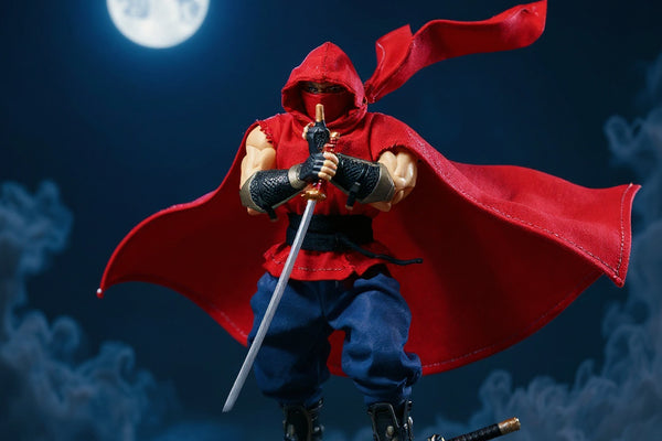 Vivid red 1/12 fabric ninja cape with hand-stitched seams and internal wire draped on a small action figure on a moonlit rooftop with katana and smoke.