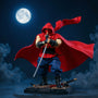 Vivid red 1/12 fabric ninja cape with hand-stitched seams and internal wire draped on a small action figure on a moonlit rooftop with katana and smoke.