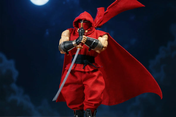 Vivid red 1/12 scale soft goods cape with internal wire posed windswept in a moonlit miniature dojo, with katana props and fog.