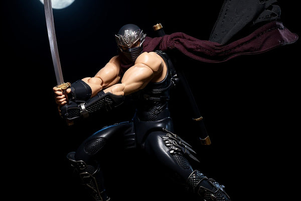 Dark ninja scarf draped over a katana on a rocky base under moonlit lighting, bold gradient background.