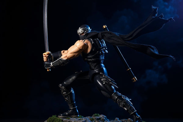 Dark fabric ninja scarf with wire shaping on rocky diorama with miniature katana and shuriken, moonlit dojo backdrop.