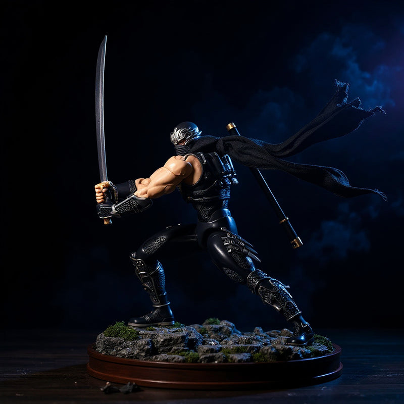 Dark fabric ninja scarf with wire shaping on rocky diorama with miniature katana and shuriken, moonlit dojo backdrop.