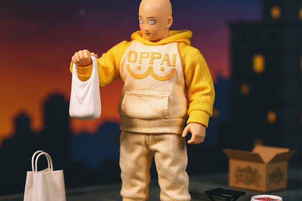 Yellow jumpsuit-style casual outfit with white accents on a bald superhero action figure in an urban rooftop diorama with miniature grocery bags, slippers, stool, and instant noodle cup, bold orange-blue gradient background.