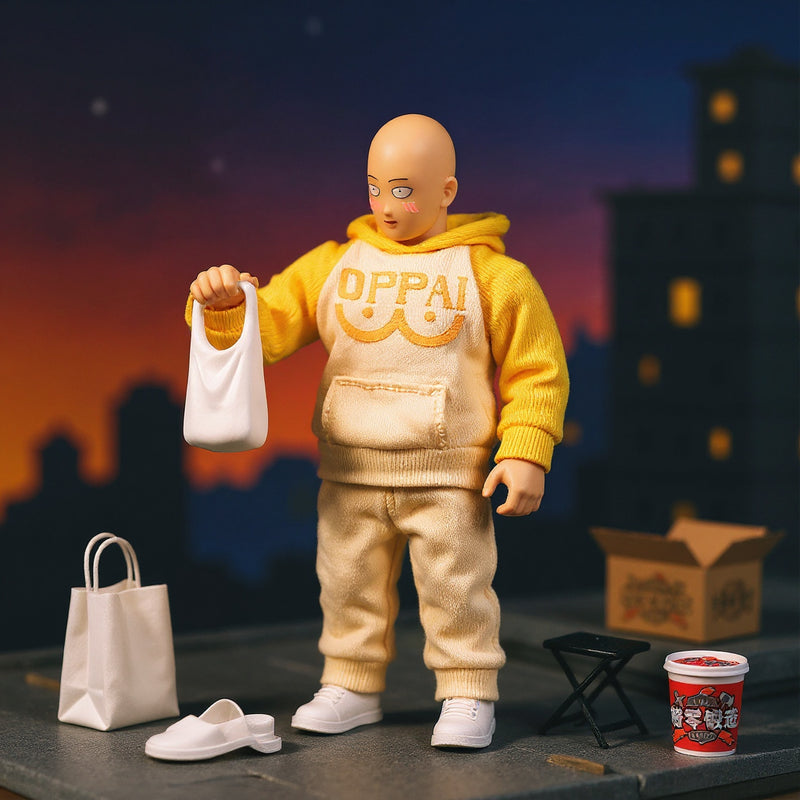 Yellow jumpsuit-style casual outfit with white accents on a bald superhero action figure in an urban rooftop diorama with miniature grocery bags, slippers, stool, and instant noodle cup, bold orange-blue gradient background.