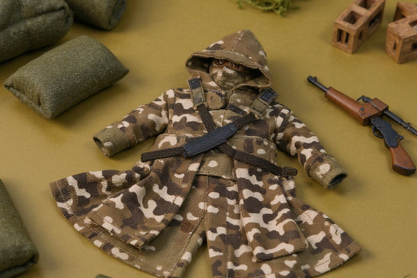 Miniature camo tactical coat and pants set laid flat on a green-to-tan gradient background surrounded by military diorama props.