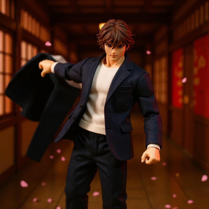 Miniature fabric school uniform on a posable action figure in a dramatic Japanese school hallway with cherry blossom decoration.