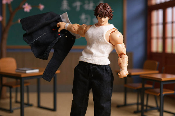 Miniature fabric school uniform set for 1/12 scale figure displayed on a miniature desk with Japanese school hallway backdrop and cherry blossom props, dramatic lighting.