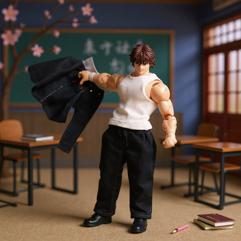 Miniature fabric school uniform set for 1/12 scale figure displayed on a miniature desk with Japanese school hallway backdrop and cherry blossom props, dramatic lighting.