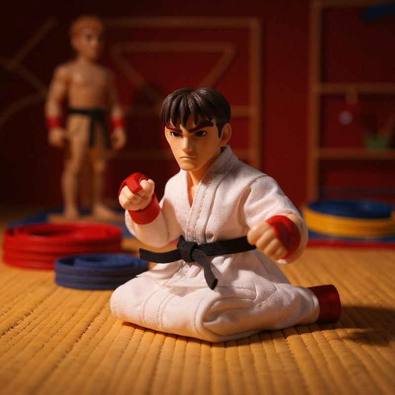 Small fabric karate gi with visible stitching laid flat on a bold red-orange gradient background, surrounded by miniature wooden training dummy and colorful folded karate belts.