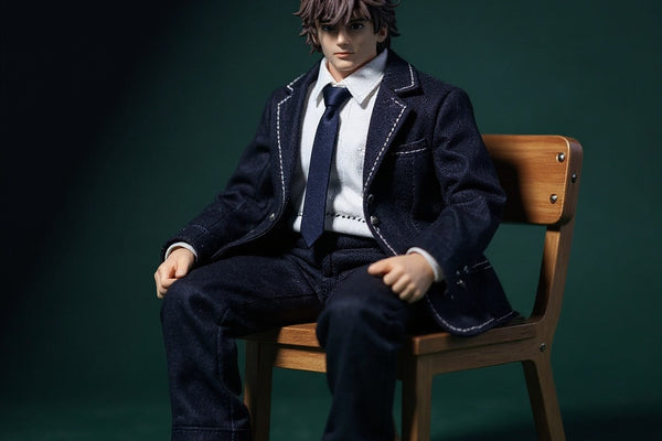 Miniature school uniform outfit draped over wooden desk and chair in a bold classroom diorama, dramatic lighting.