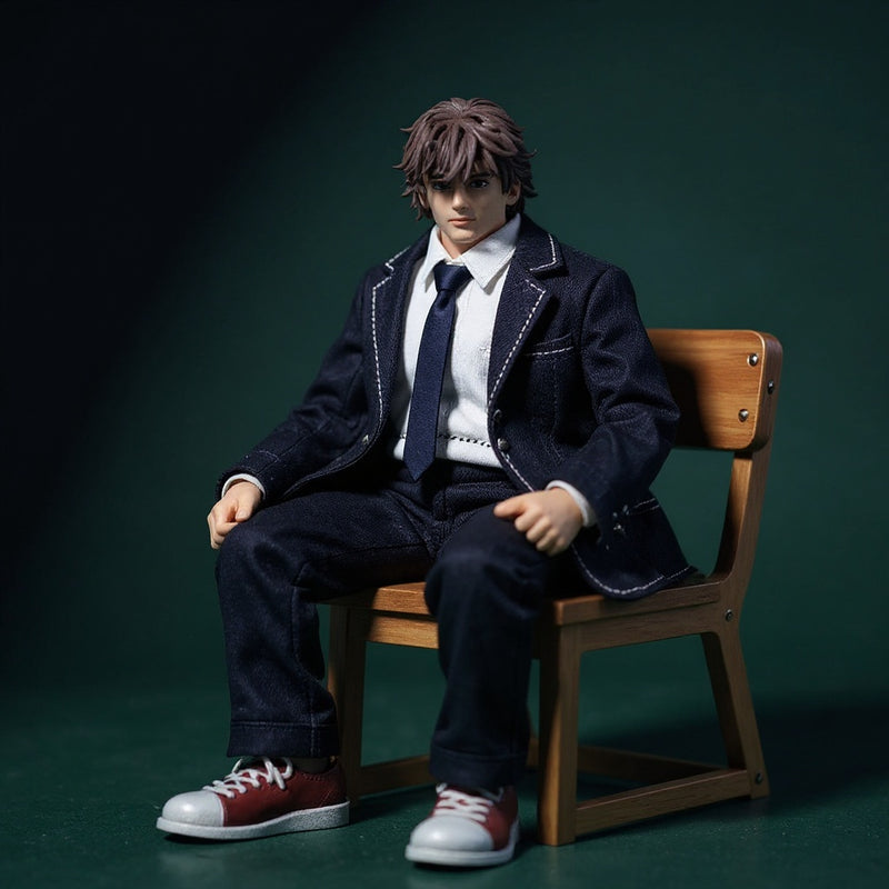 Miniature school uniform outfit draped over wooden desk and chair in a bold classroom diorama, dramatic lighting.