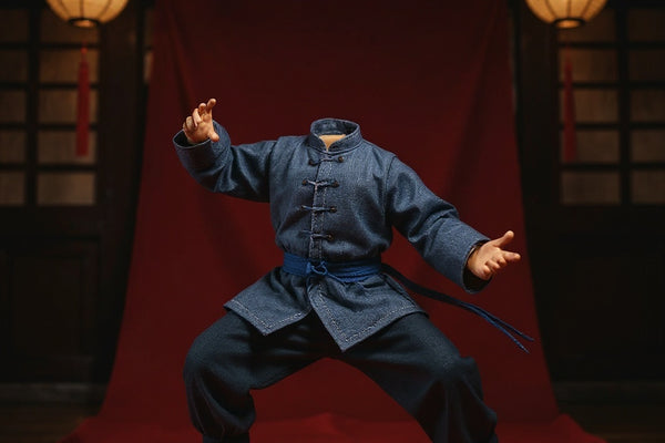 Blue 1/12 scale kung fu outfit on action figure against dojo backdrop with lanterns and red silk.