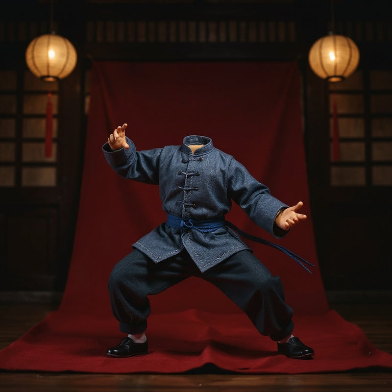 Blue 1/12 scale kung fu outfit on action figure against dojo backdrop with lanterns and red silk.