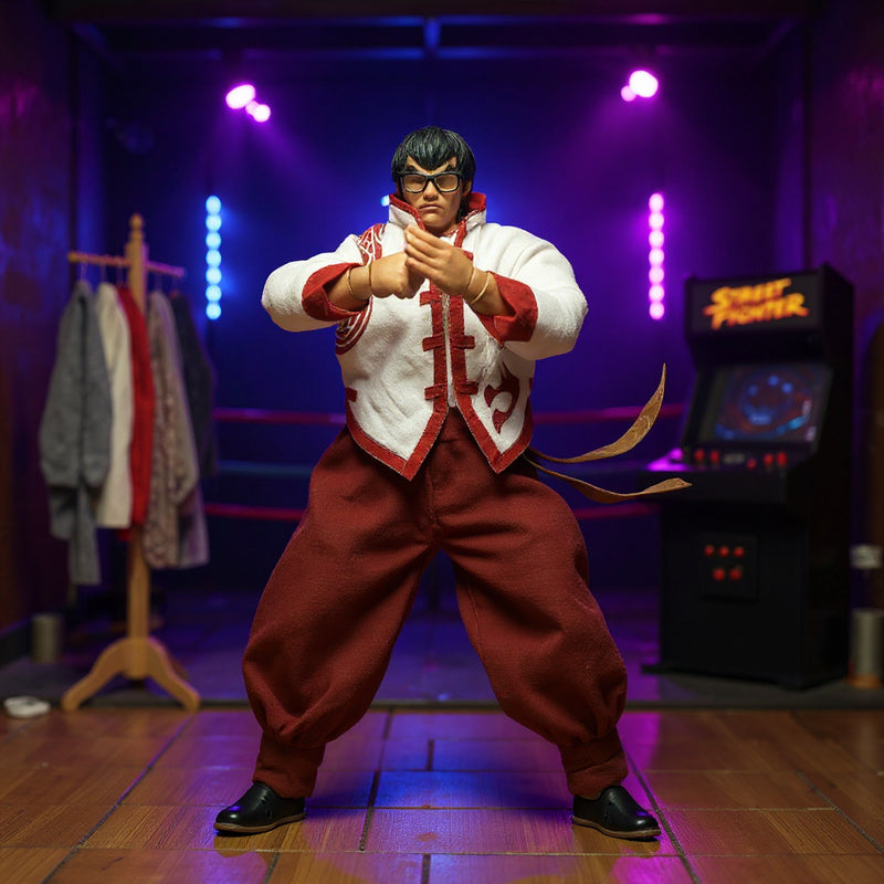 Handmade soft cloth costume with bendable wire hems draped on a tiny mannequin stand in a miniature dojo, surrounded by neon-lit arena props, fabric swatches, and sewing spools, against a bold blue to magenta gradient background.