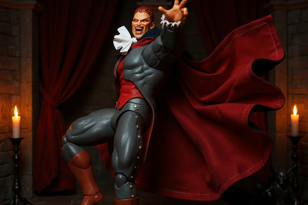 Wire-posed black and deep red fabric cape draped over a 1/12 scale vampire action figure in a gothic castle setting with candlelight and velvet drape.
