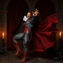 Wire-posed black and deep red fabric cape draped over a 1/12 scale vampire action figure in a gothic castle setting with candlelight and velvet drape.