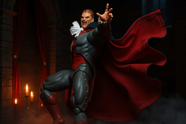 Black and deep red posable fabric cape with visible stitching and wire hem, draped over a vampire action figure in a gothic castle setting with candles and fog.