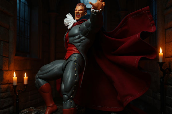 Hero image of a black and deep red fabric cape on a vampire action figure in a gothic castle scene with dramatic lighting.