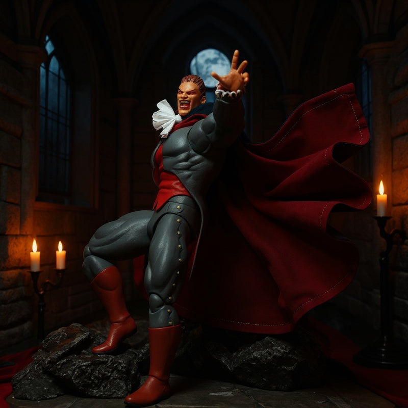 Hero image of a black and deep red fabric cape on a vampire action figure in a gothic castle scene with dramatic lighting.