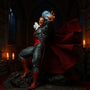 Hero image of a black and deep red fabric cape on a vampire action figure in a gothic castle scene with dramatic lighting.