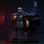 Black fabric cape with red trim on a dark armored Shredder figure, rooftop diorama with neon skyline, sai and katana props, fog, dramatic side lighting.