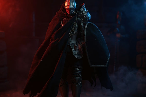 Dark charcoal cape with wire-shaped folds draping dynamically on an armored knight figure, set against a dramatic dungeon backdrop with bold colored lighting.