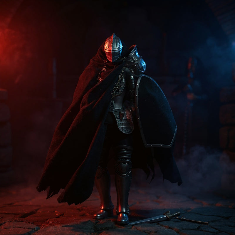 Dark charcoal cape with wire-shaped folds draping dynamically on an armored knight figure, set against a dramatic dungeon backdrop with bold colored lighting.