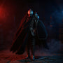 Dark charcoal cape with wire-shaped folds draping dynamically on an armored knight figure, set against a dramatic dungeon backdrop with bold colored lighting.