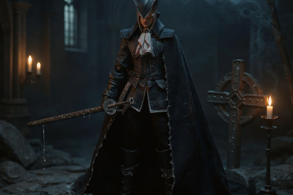 Dark navy-grey tattered fabric cape on 1/12 scale figure in gothic cathedral ruins with candelabra and blue mist, bold teal and gold lighting
