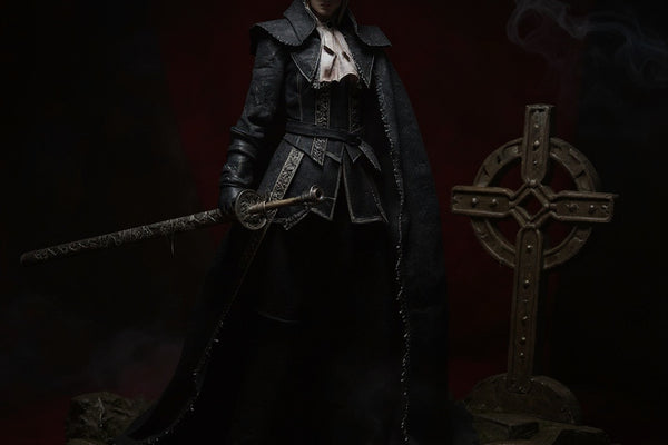 Lady Maria Bloodborne merch fabric cape with wire frame and tattered hem, styled in gothic Victorian setting with candelabra and mist