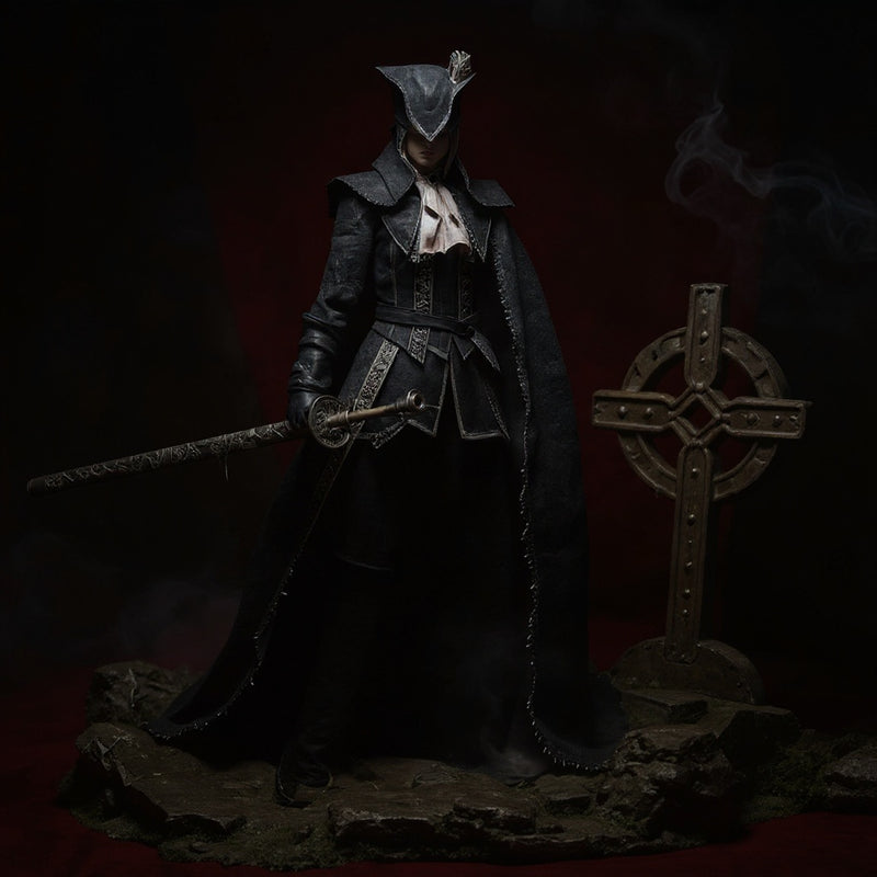 Lady Maria Bloodborne merch fabric cape with wire frame and tattered hem, styled in gothic Victorian setting with candelabra and mist