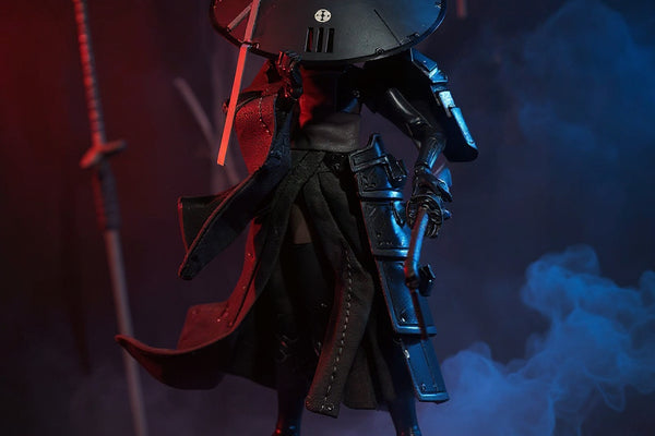 Dark textured fabric cloak with wired folds draped on a 1/12 scale action figure in a dramatic dojo with wooden katana and misty fog.