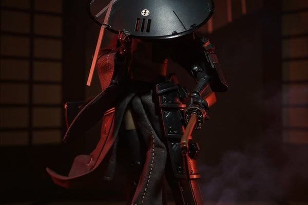 Dark textured fabric cloak with wire-shaped folds draped over a 1/12 scale samurai action figure in a foggy dojo setting, holding a katana, dramatic lighting.